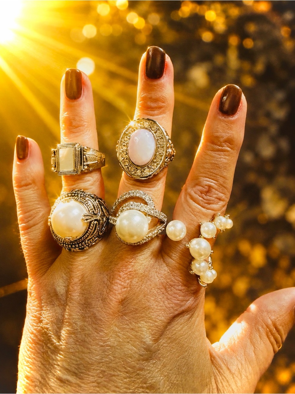 “Pearl and Stone” Set of 5 Statement Rings